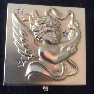 Pillbox, gold tone with cherub and rhinestones on top - Vintage